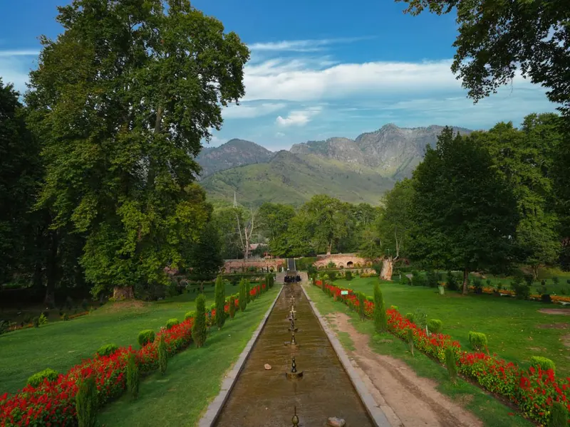 Water channel and flower beds in a Mughal garden in Srinagar