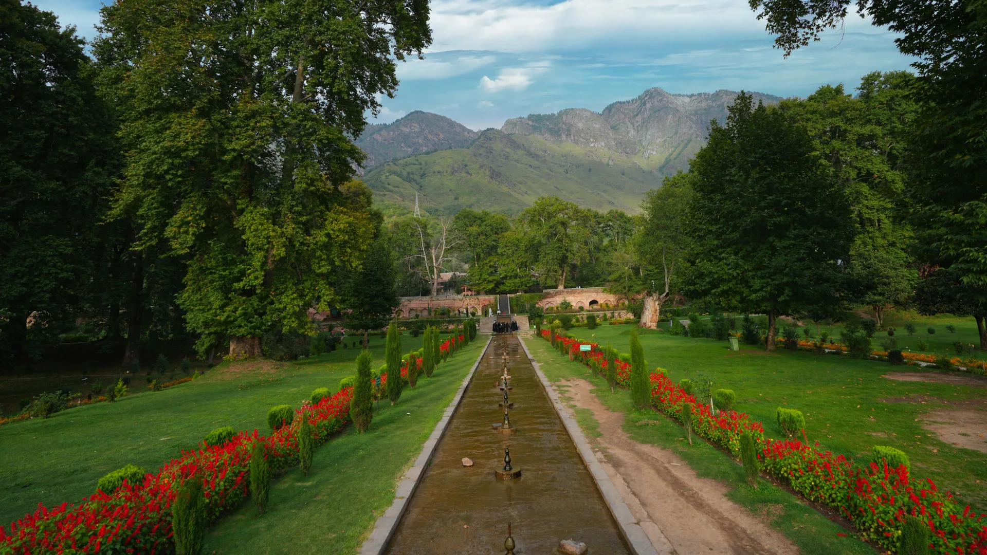 Water channel and flower beds in a Mughal garden in Srinagar