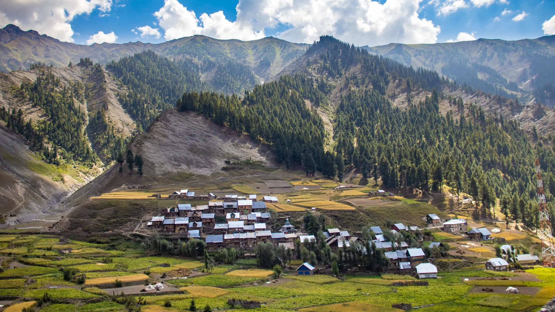 Mountain village in a wide green valley in Kashmir